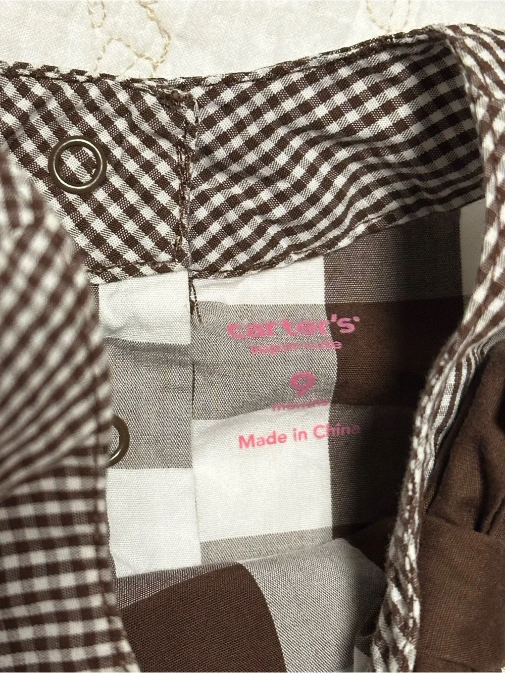 Carter's Brown and White Gingham Bubble Romper with Bow Collar